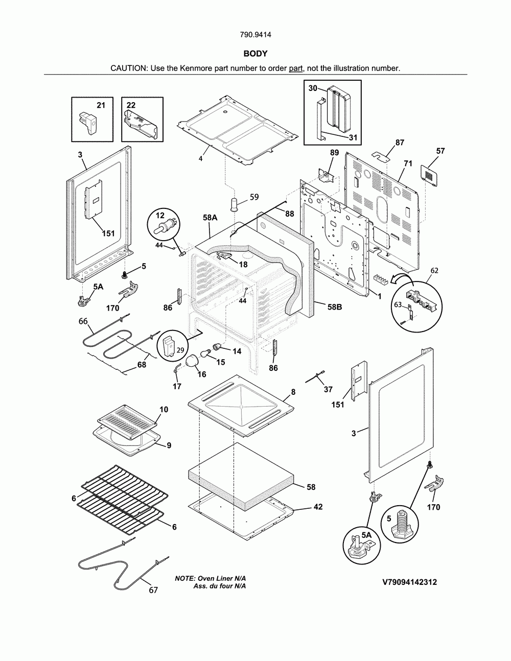Body Diagram and Parts List for 79094149312  Kenmore Range