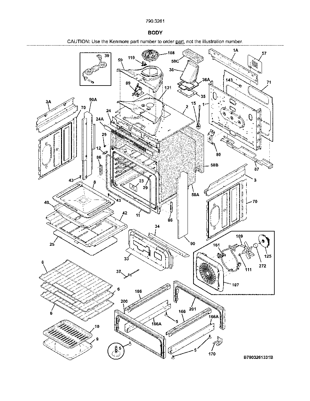 Body Diagram and Parts List for 7903261331C  Kenmore Range