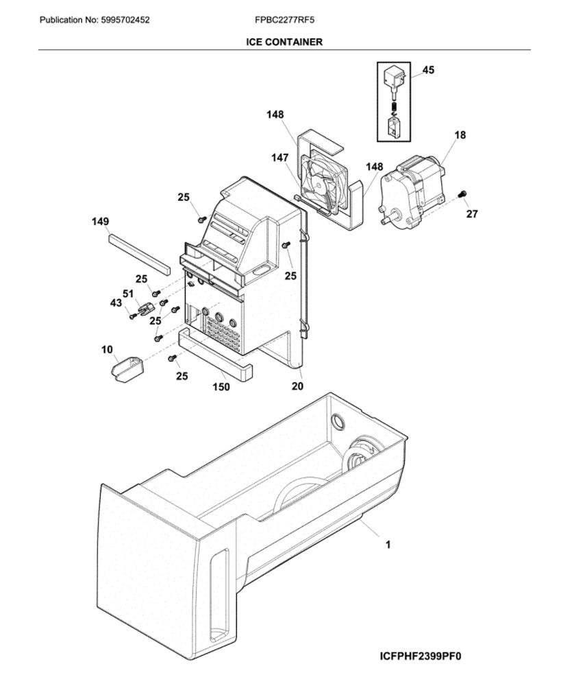 Ice Container Diagram and Parts List for FPBC2277RF5  Frigidaire Refrigerator