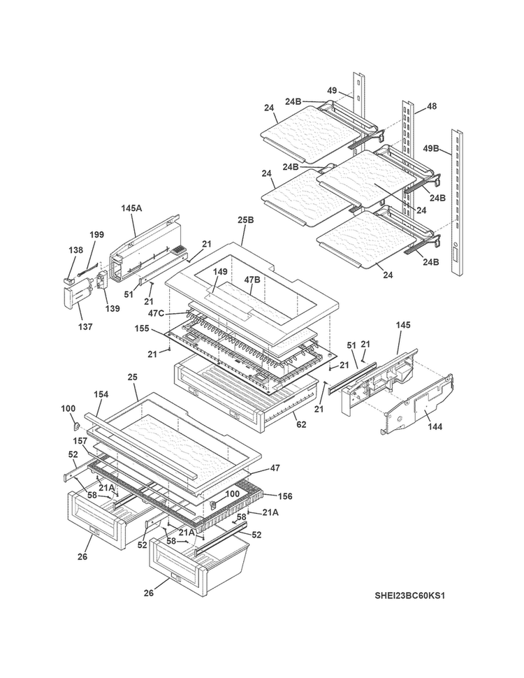 Shelves Diagram and Parts List for EI23BC60KS4A  Electrolux Refrigerator