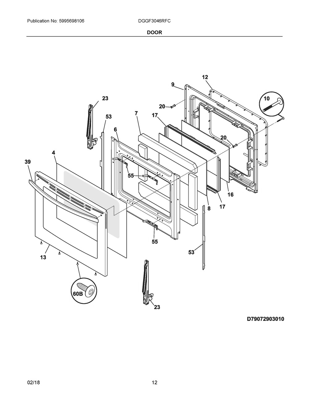 Door Diagram and Parts List for DGGF3046RFC  Frigidaire Range