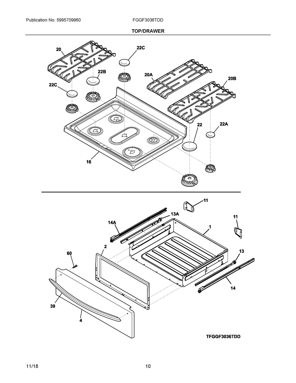 Top/drawer Diagram and Parts List for FGGF3036TDD  Frigidaire Range