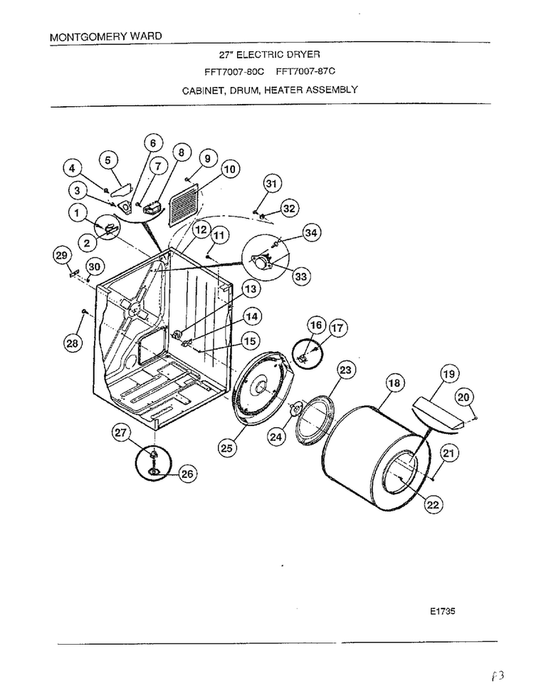 Cabinet, Drum, Heater Assembly Diagram and Parts List for 7007-80C  Frigidaire Dryer