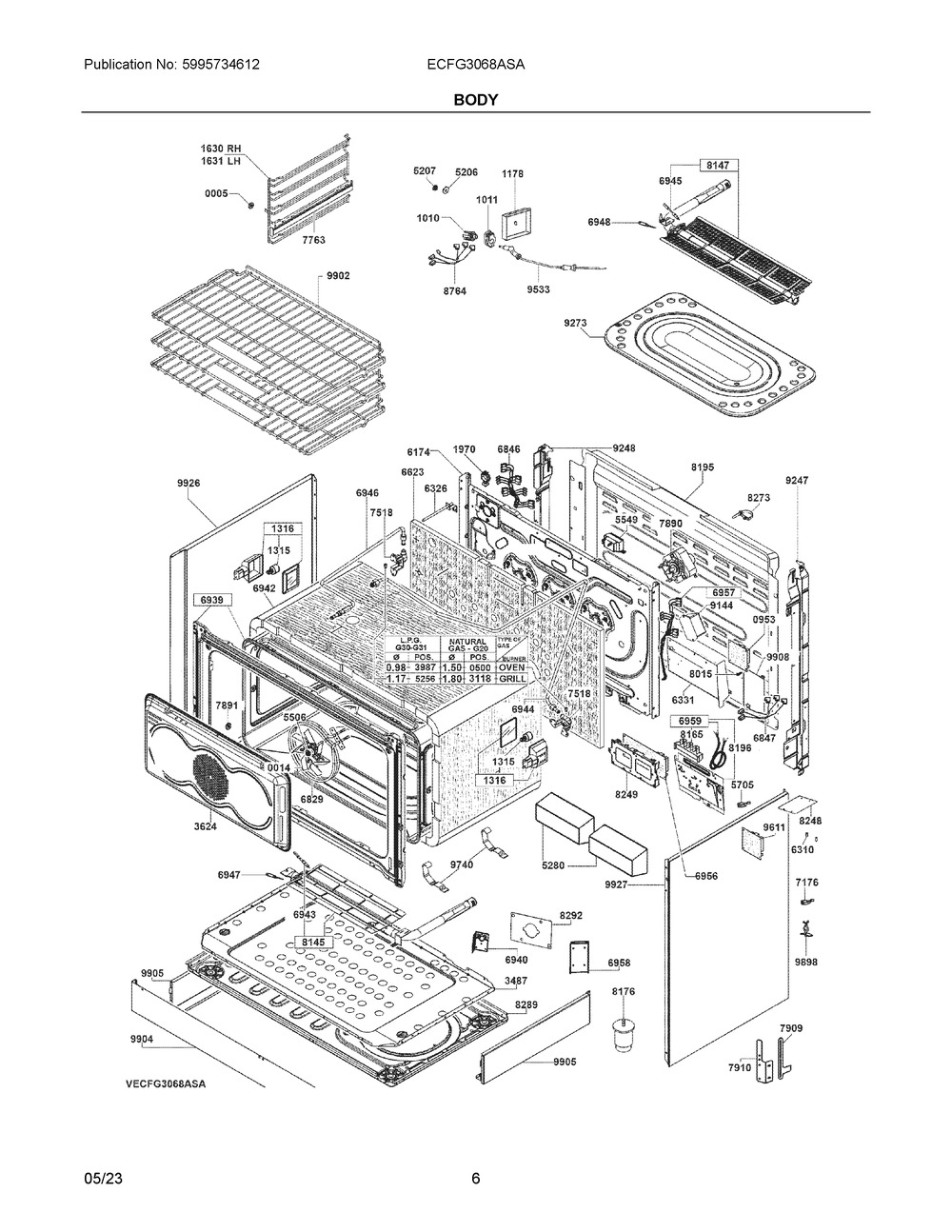 Body Diagram and Parts List for ECFG3068ASA  Frigidaire Range