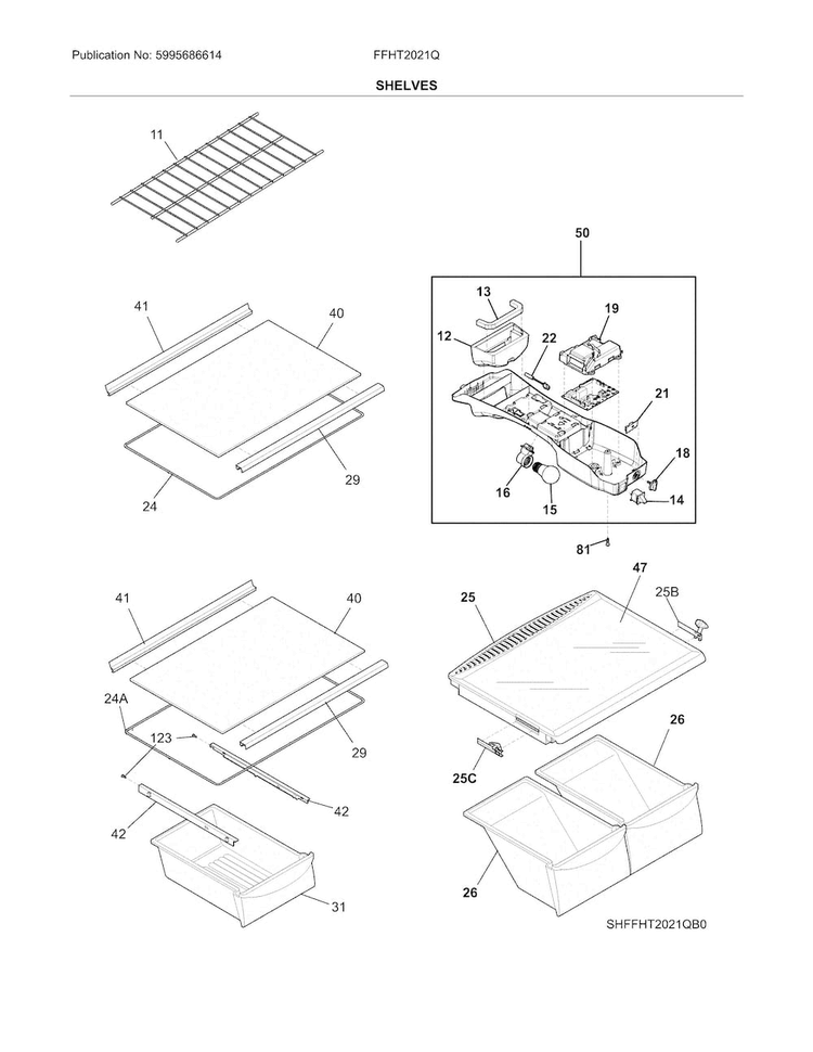 Shelves Diagram and Parts List for FFHT2021QS4  Frigidaire Refrigerator