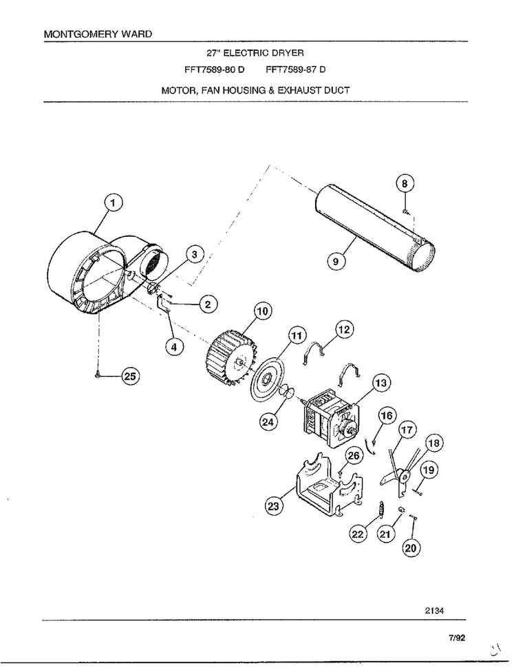 Motor/fan Housing/exhaust Duct Diagram and Parts List for 7589-87D  Frigidaire Dryer