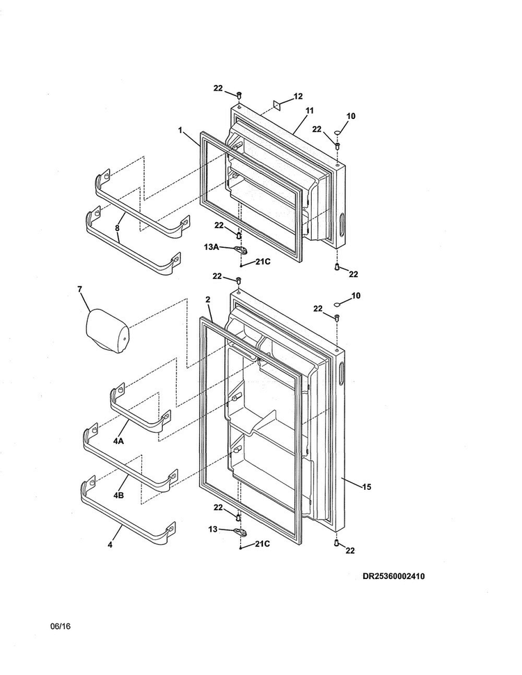 Doors Diagram and Parts List for 25360002414  Kenmore Refrigerator