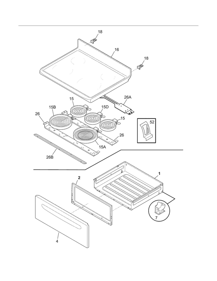 Top/drawer Diagram and Parts List for FFEF3020LWF  Frigidaire Range
