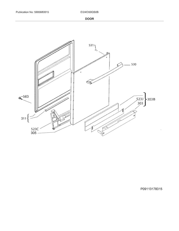 Door Diagram and Parts List for EI24ID50QS0B  Electrolux Dishwasher
