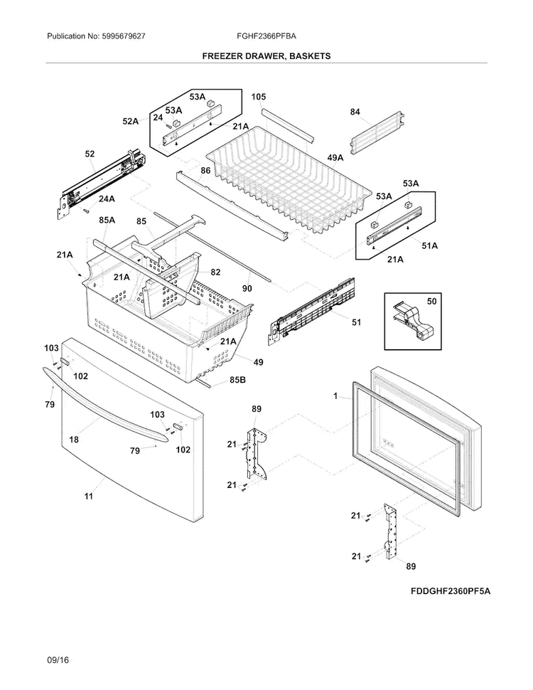 Freezer Drawer, Baskets Diagram and Parts List for FGHF2366PFBA  Frigidaire Refrigerator