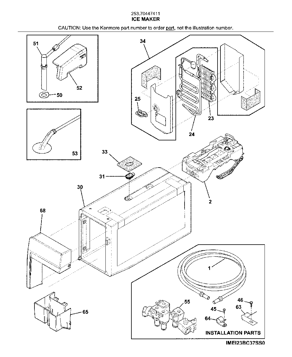 Ice maker Diagram and Parts List for 25370447411  Kenmore Refrigerator