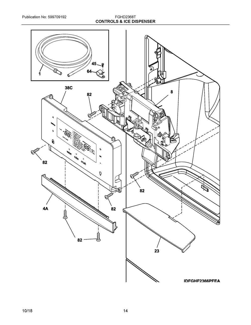 Controls & Ice Dispenser Diagram and Parts List for FGHD2368TF4  Frigidaire Refrigerator