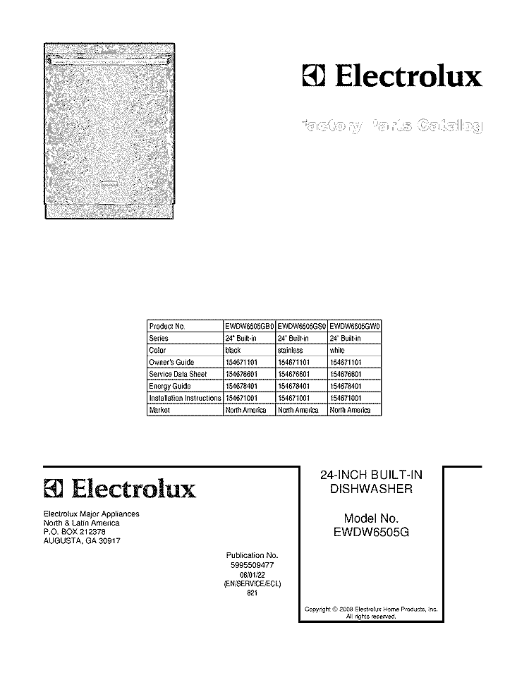 COVER Diagram and Parts List for EWDW6505GS0  Electrolux Dishwasher