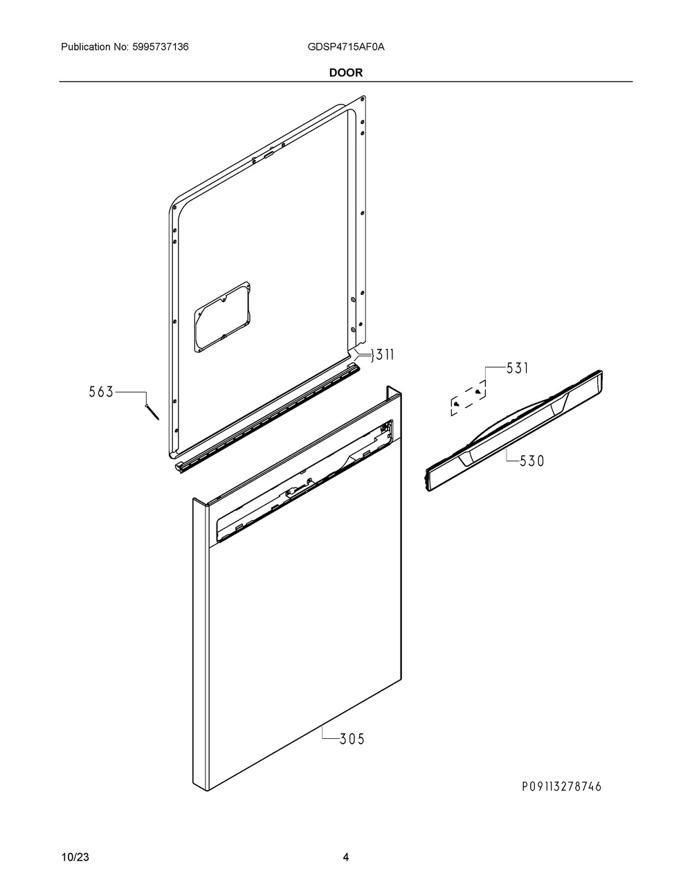 Door Diagram and Parts List for GDSP4715AF0A  Frigidaire Dishwasher