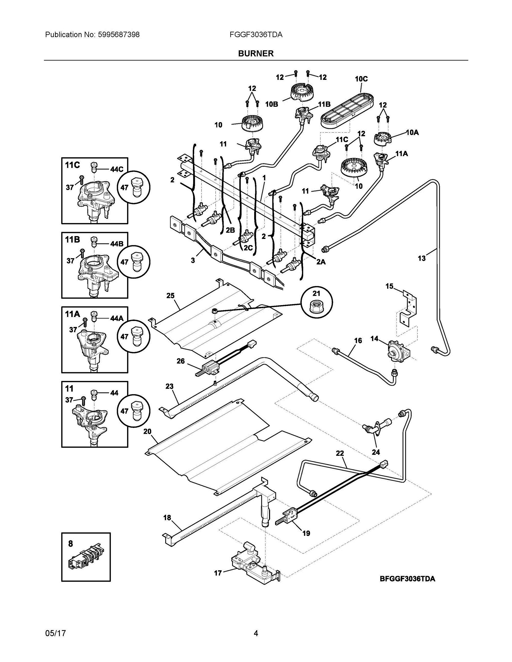 03 - BURNER Diagram and Parts List for FGGF3036TDA  Frigidaire Range