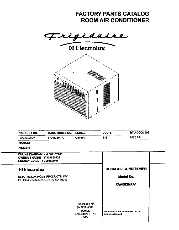 COVER Diagram and Parts List for FAA063M7A1  Frigidaire Air Conditioner
