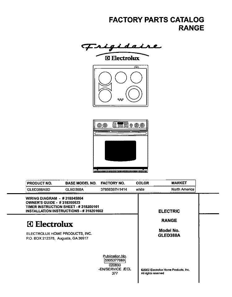 COVER Diagram and Parts List for GLED388ASD  Frigidaire Range