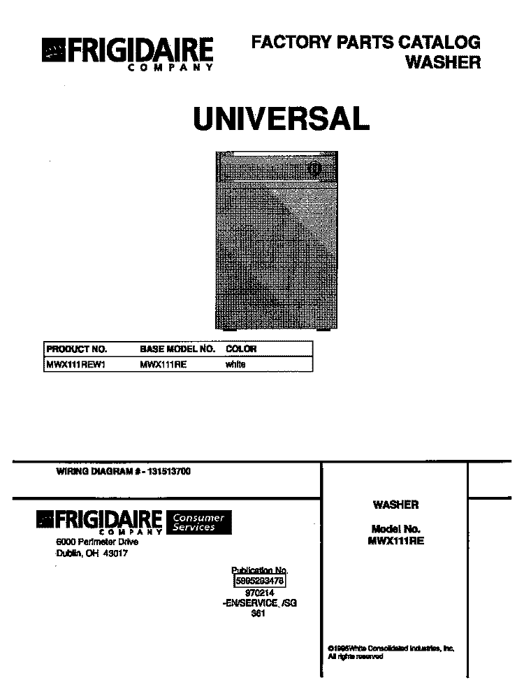 COVER Diagram and Parts List for MWX111REW1  Frigidaire Washer
