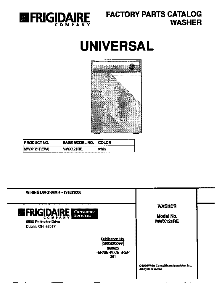 COVER Diagram and Parts List for MWX121REW0  Frigidaire Washer