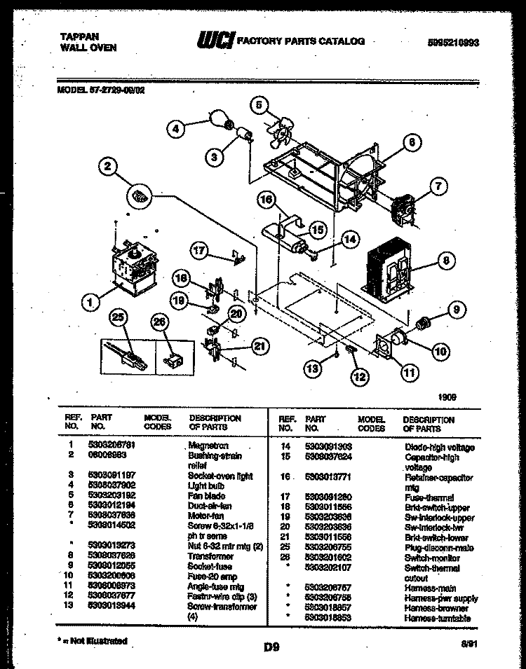 POWER CONTROL Diagram and Parts List for 57-2729-00-02  Tappan Microwave Oven Combo