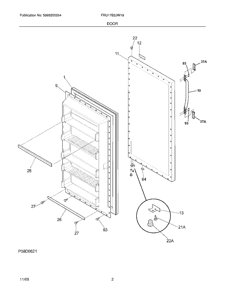 DOOR Diagram and Parts List for FRU17B2JW19  Frigidaire Refrigerator