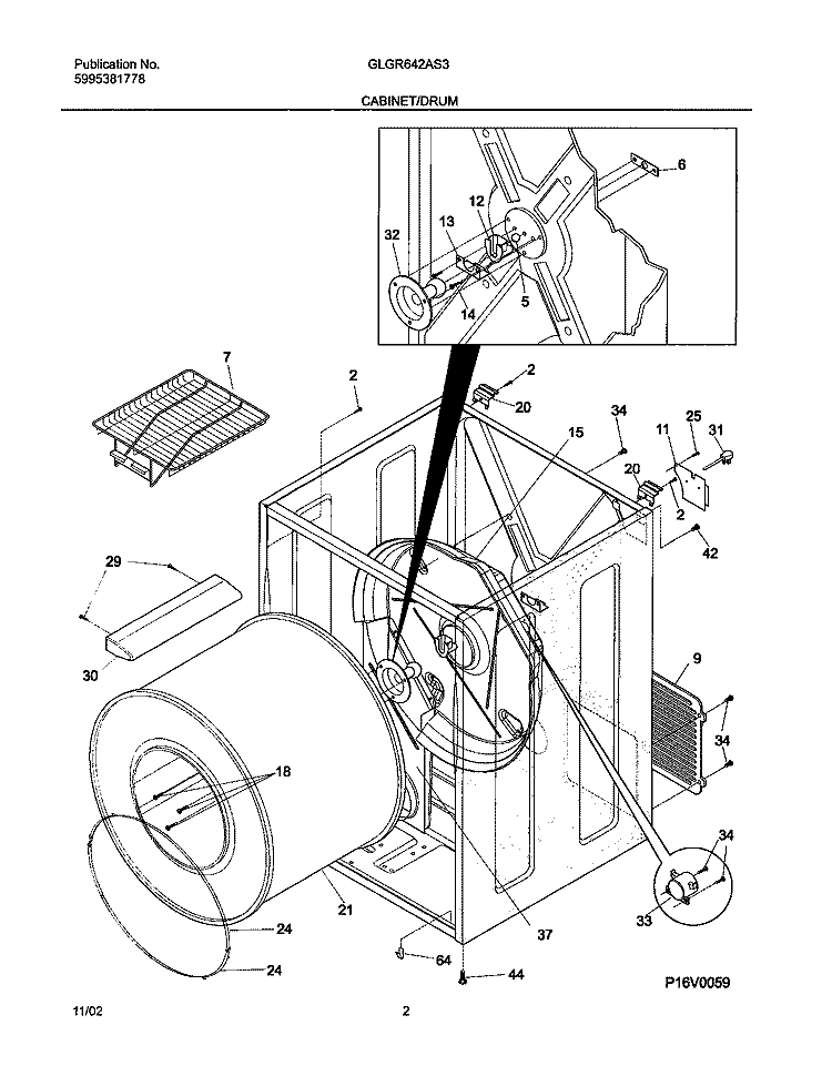 CABINET / DRUM Diagram and Parts List for GLGR642AS3  Frigidaire Dryer