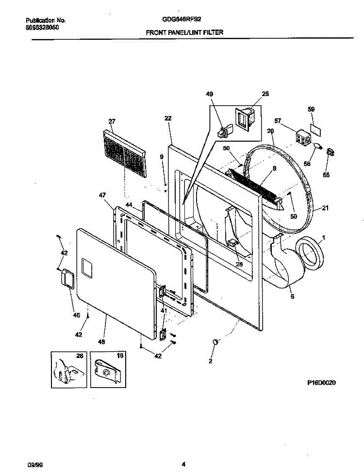 P16D0020 FRNT PNL, DOOR Diagram and Parts List for GDG546RFS2  Gibson Dryer