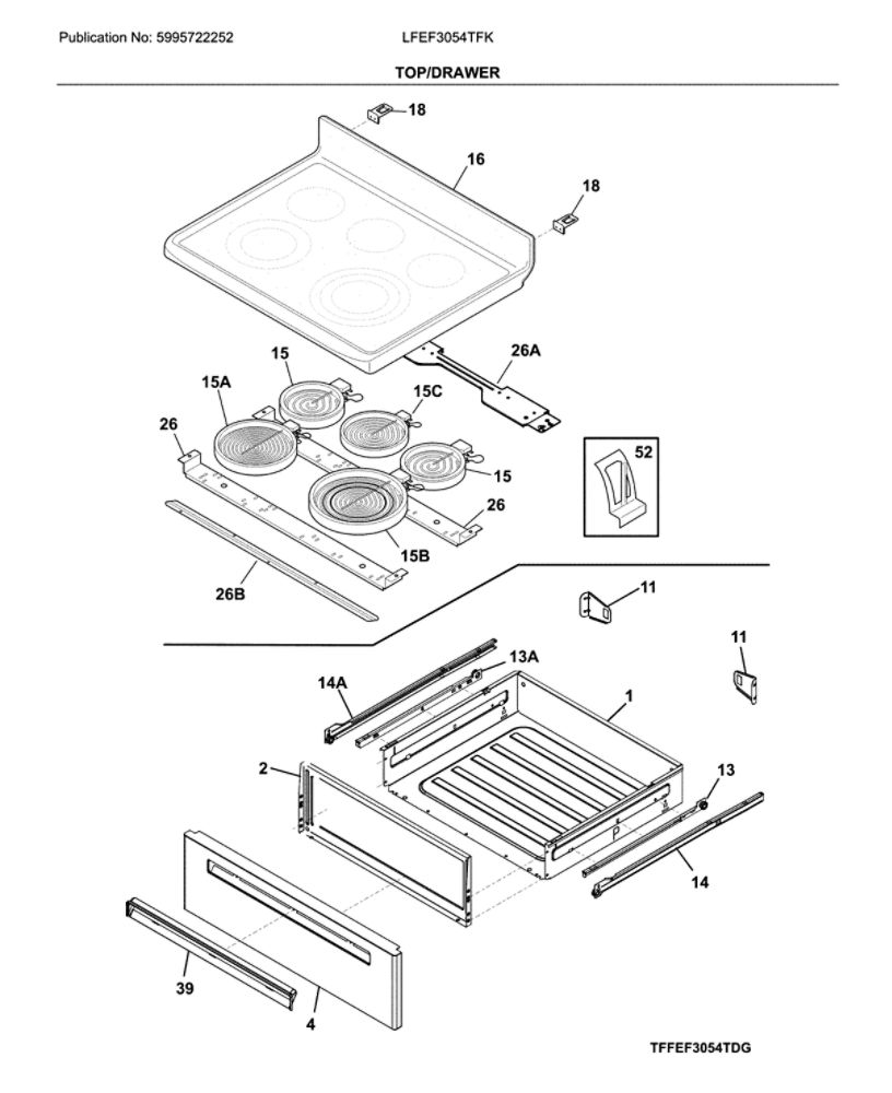 Top/Drawer Diagram and Parts List for LFEF3054TFK  Frigidaire Range