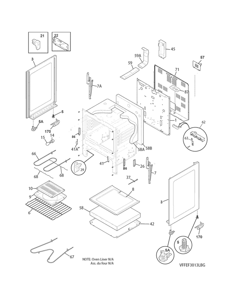Body Diagram and Parts List for FFEF3013LBH  Frigidaire Range