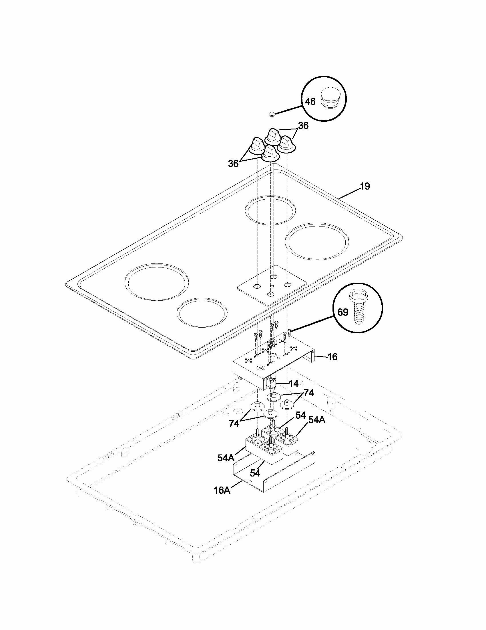 Controls Diagram and Parts List for 79043493401  Kenmore Cooktop
