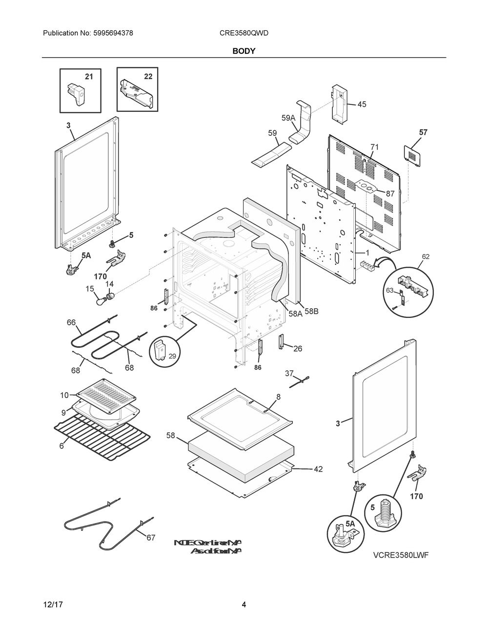 Body Diagram and Parts List for CRE3580QWD  Frigidaire Range