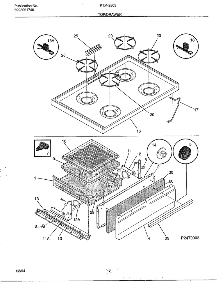 Top/drawer Diagram and Parts List for KTM-2803  Frigidaire Range