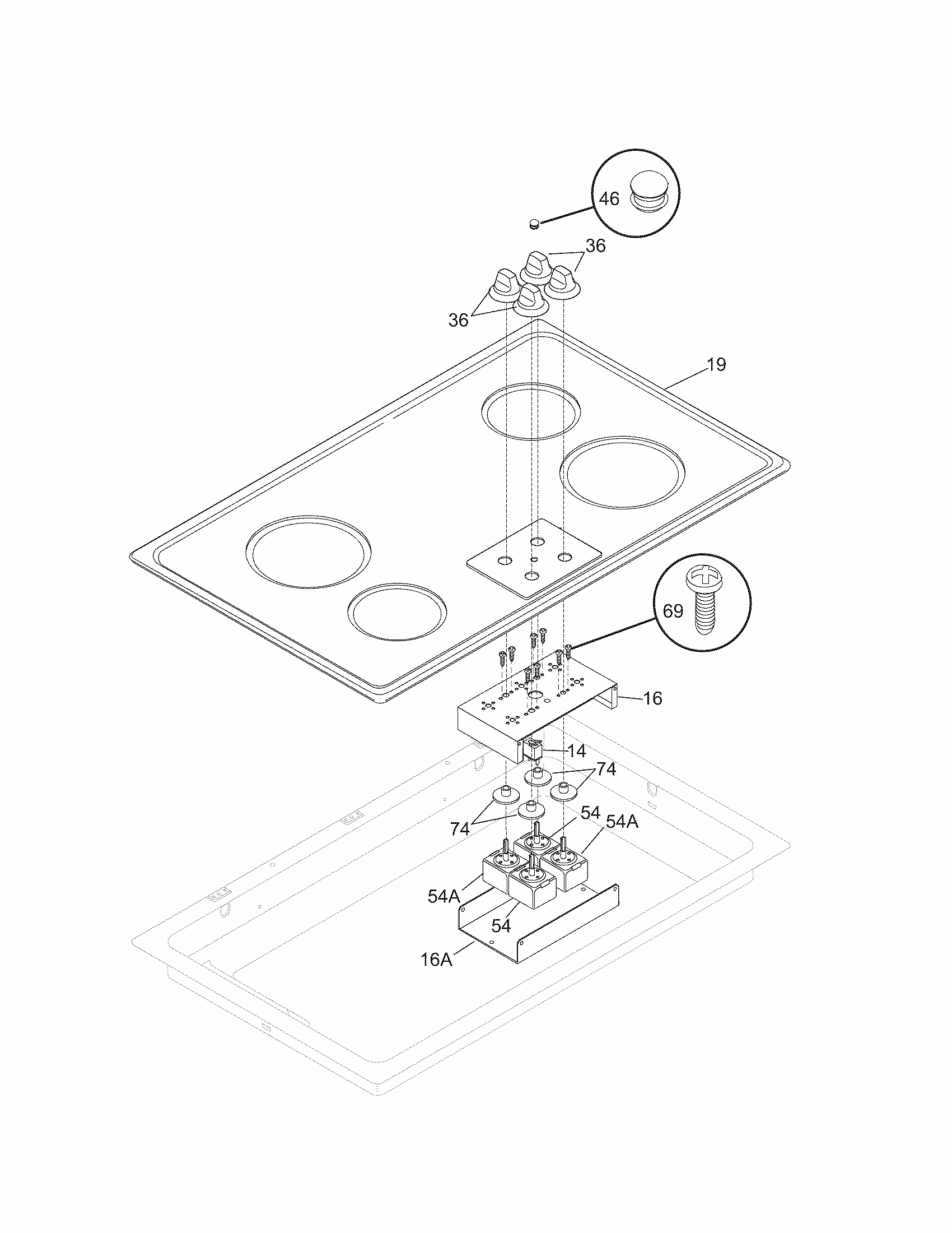 Controls Diagram and Parts List for 79043499402  Kenmore Cooktop