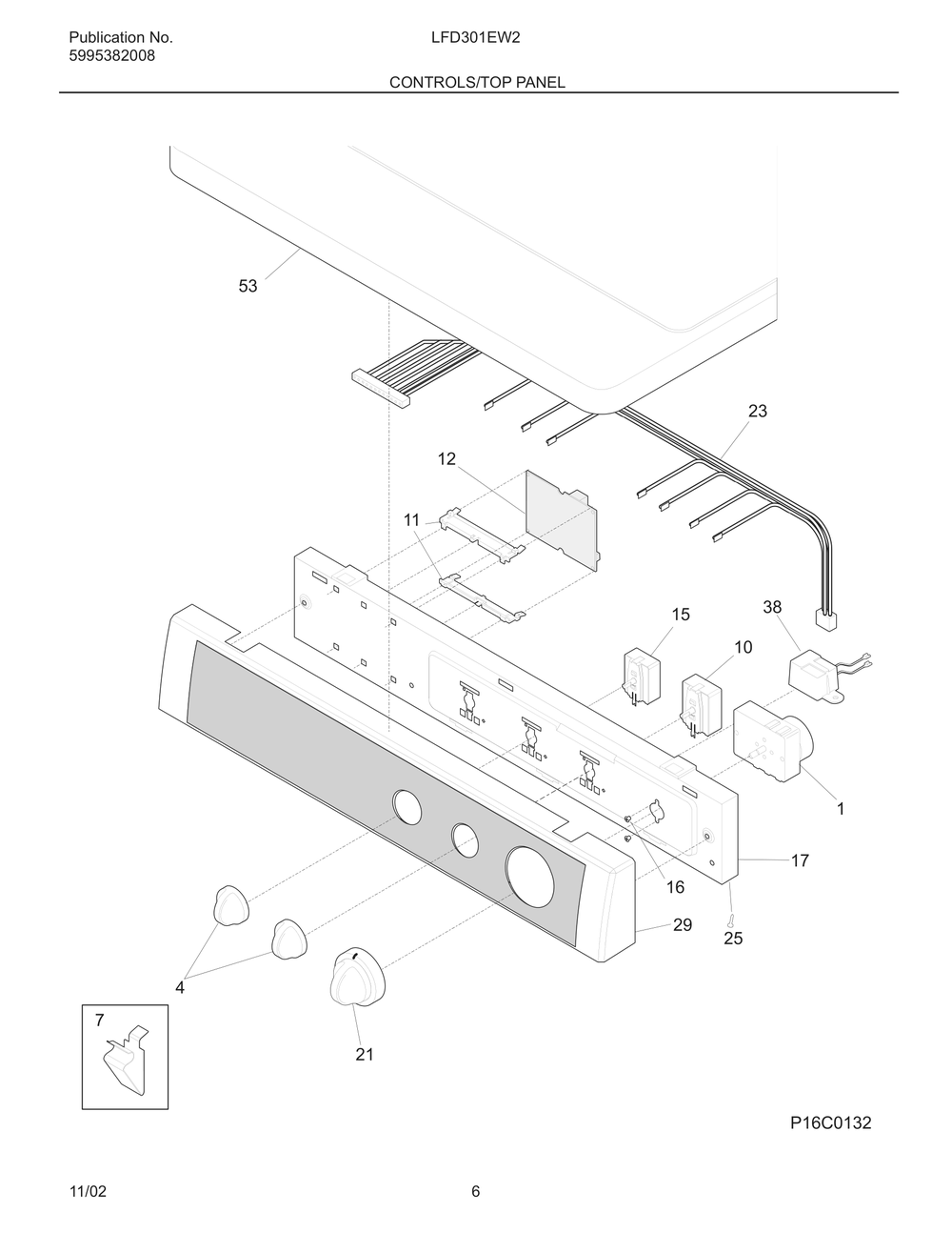 Controls/Top Panel Diagram and Parts List for LFD301EW2  Frigidaire Dryer