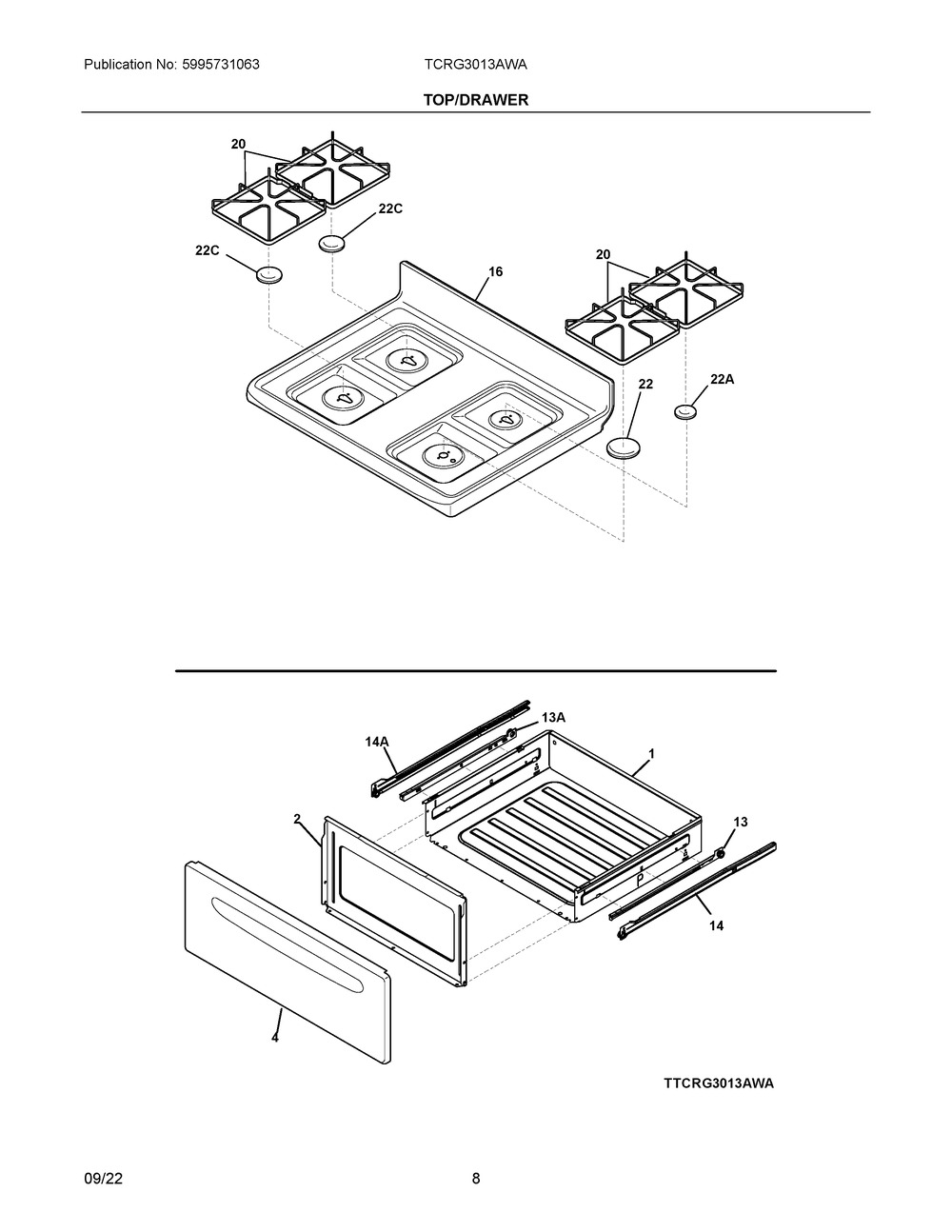 Top/Drawer Diagram and Parts List for TCRG3013AWA  Frigidaire Range