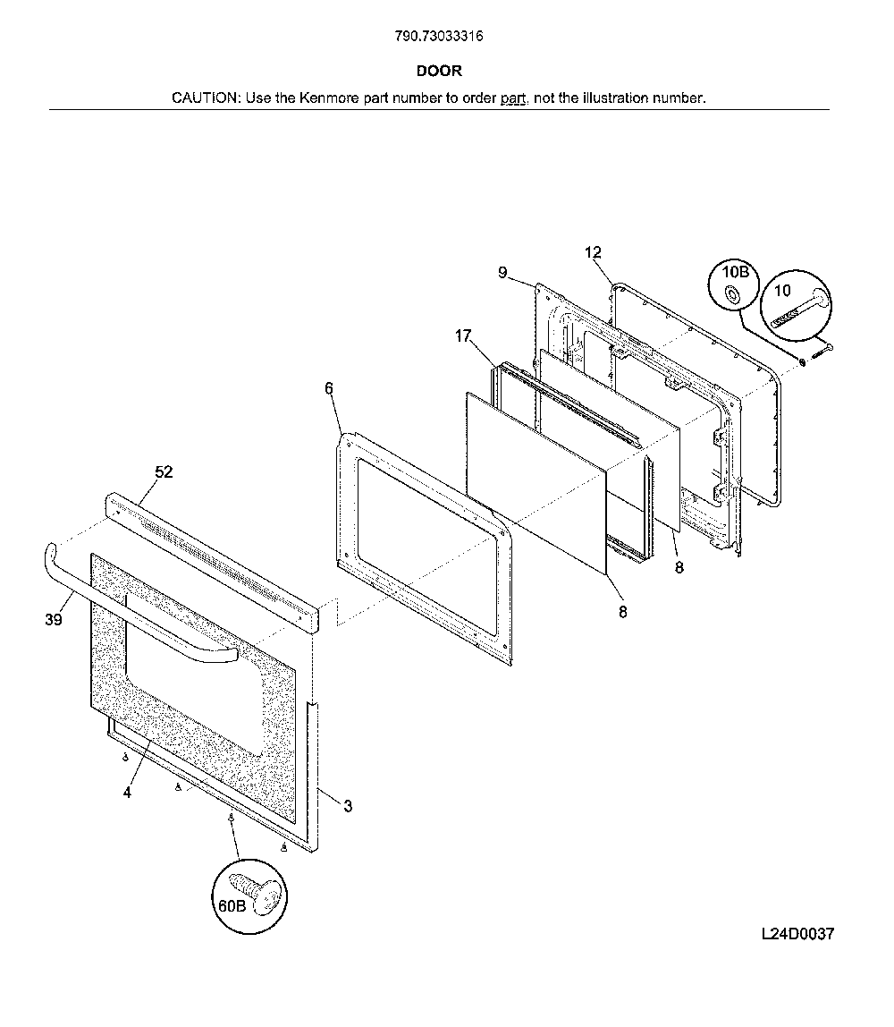 Door Diagram and Parts List for 79073033316  Kenmore Range