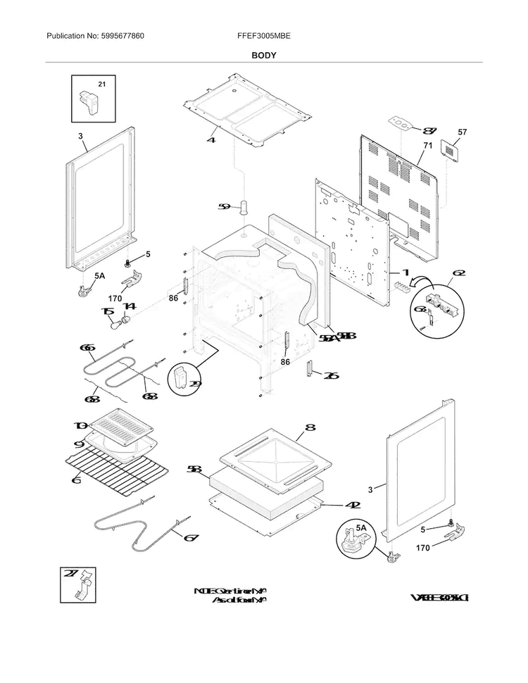 Body Diagram and Parts List for FFEF3005MBE  Frigidaire Range