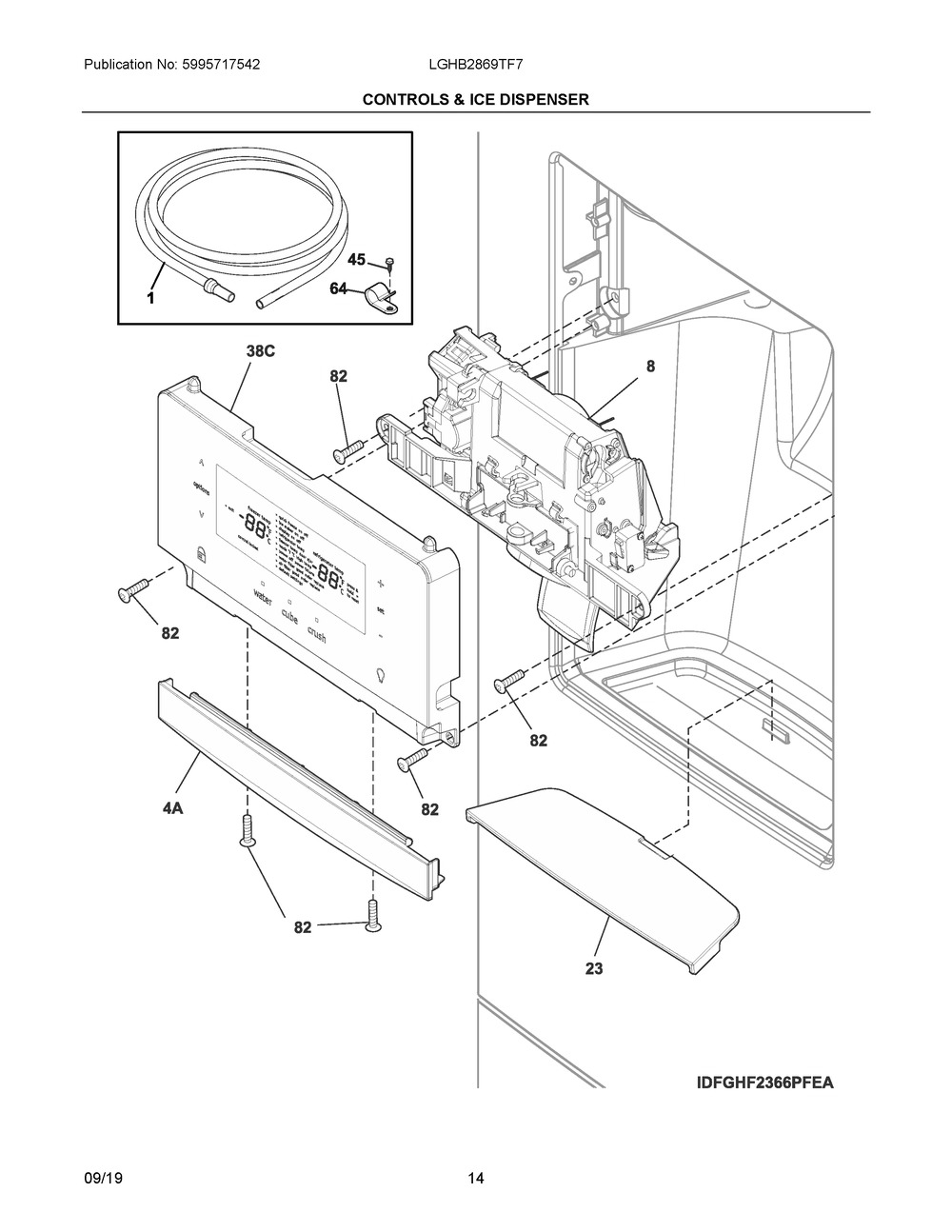 Controls & Ice Dispenser Diagram and Parts List for LGHB2869TF7  Frigidaire Refrigerator
