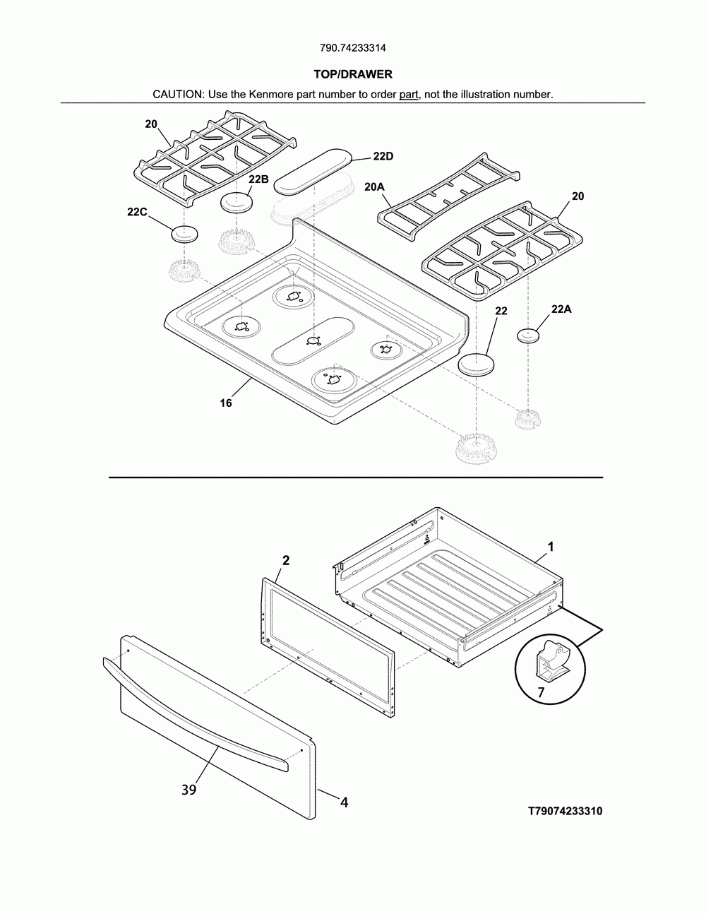 Top/drawer Diagram and Parts List for 79074233314  Kenmore Range