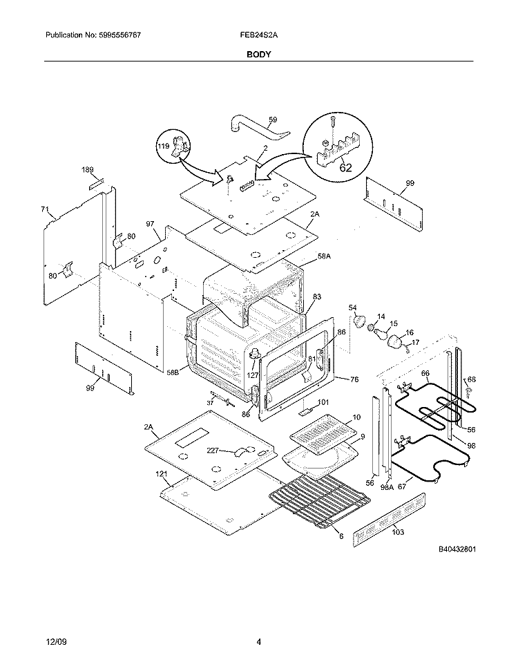 BODY Diagram and Parts List for FEB24S2ASF  Frigidaire Wall Oven