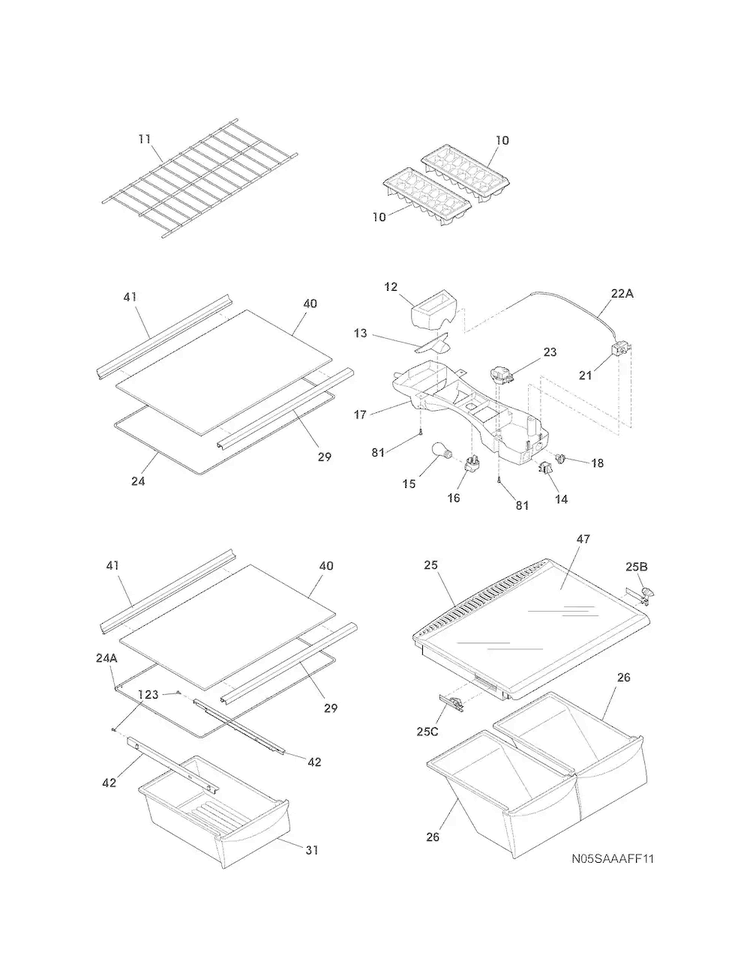 Shelves Diagram and Parts List for 2536321201A  Kenmore Refrigerator