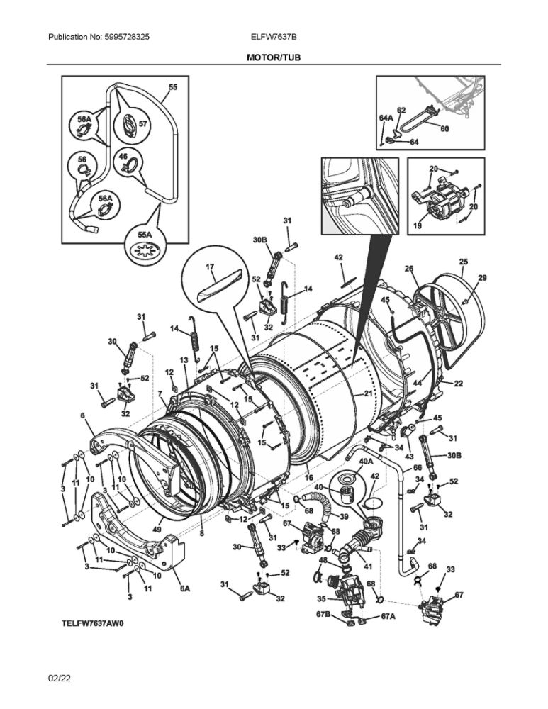 Motor/Tub Diagram and Parts List for ELFW7637BW0  Frigidaire Washer