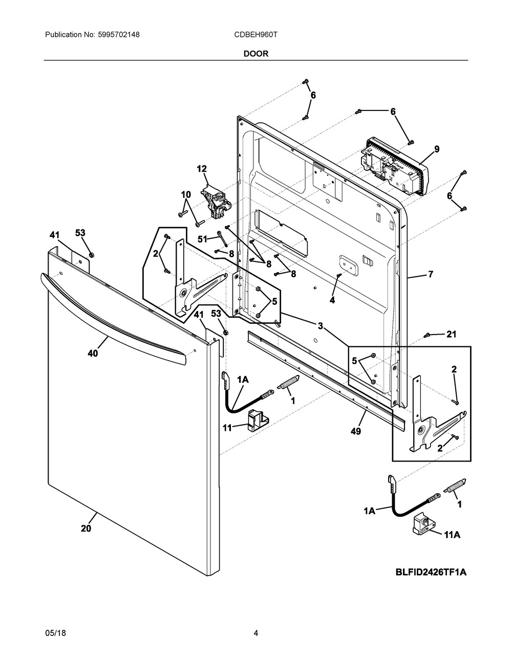 Door Diagram and Parts List for CDBEH960TD0A  Frigidaire Dishwasher