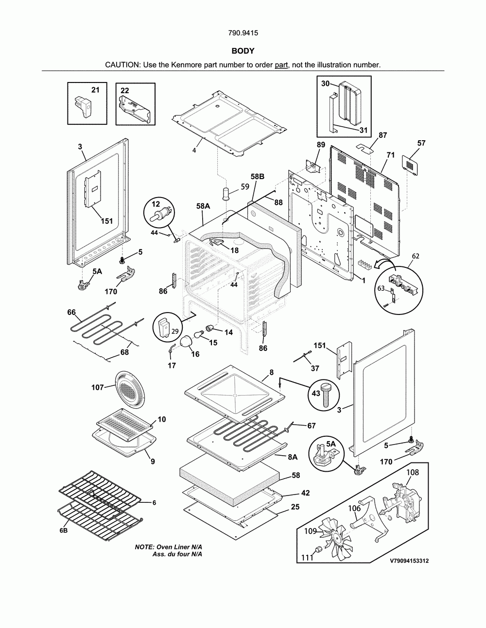 Body Diagram and Parts List for 79094159312  Kenmore Range