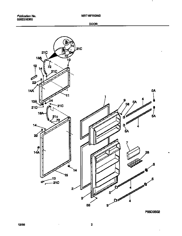 DOOR Diagram and Parts List for MRT16FRGW2  Frigidaire Refrigerator