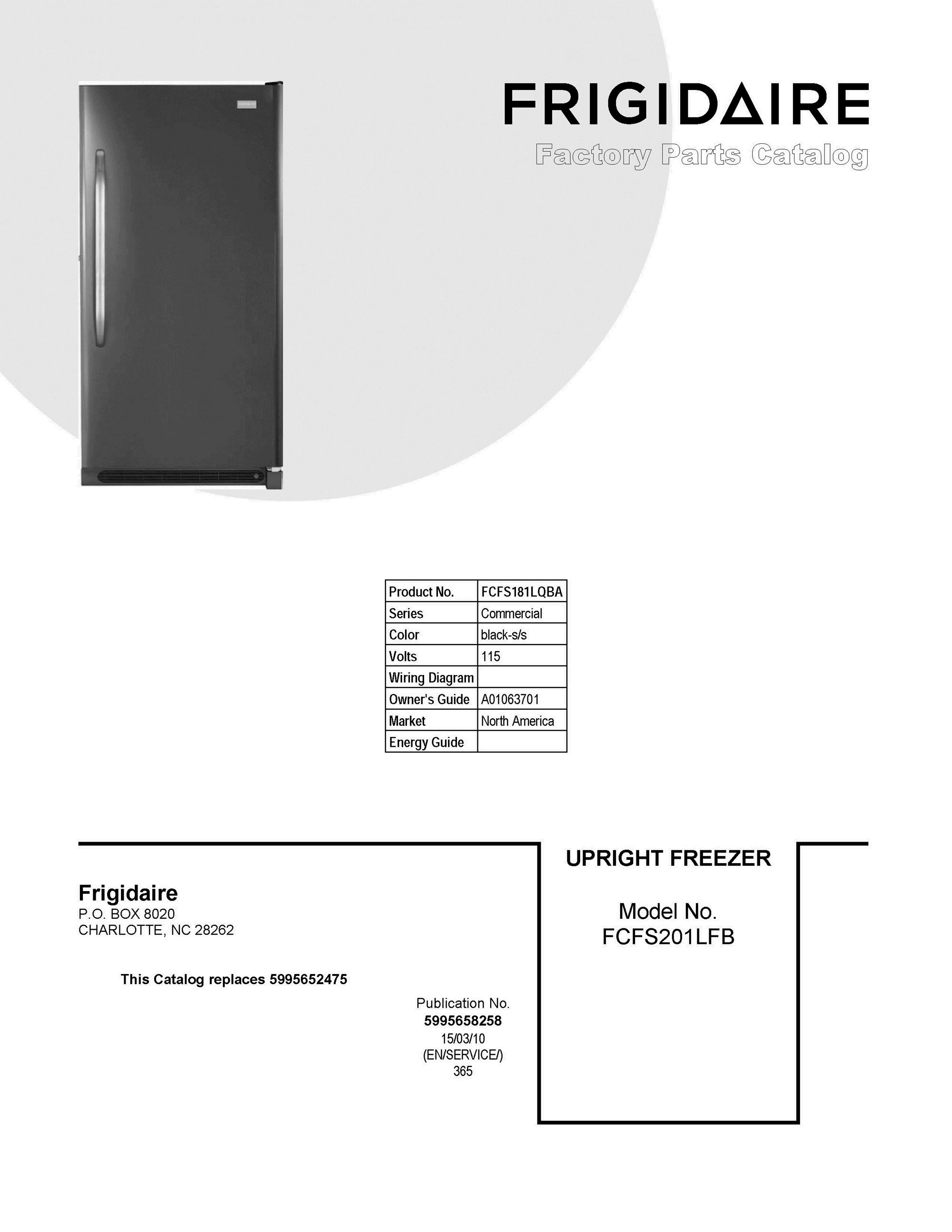01 - COVER SHEET Diagram and Parts List for FCFS181LQBA  Frigidaire Freezer