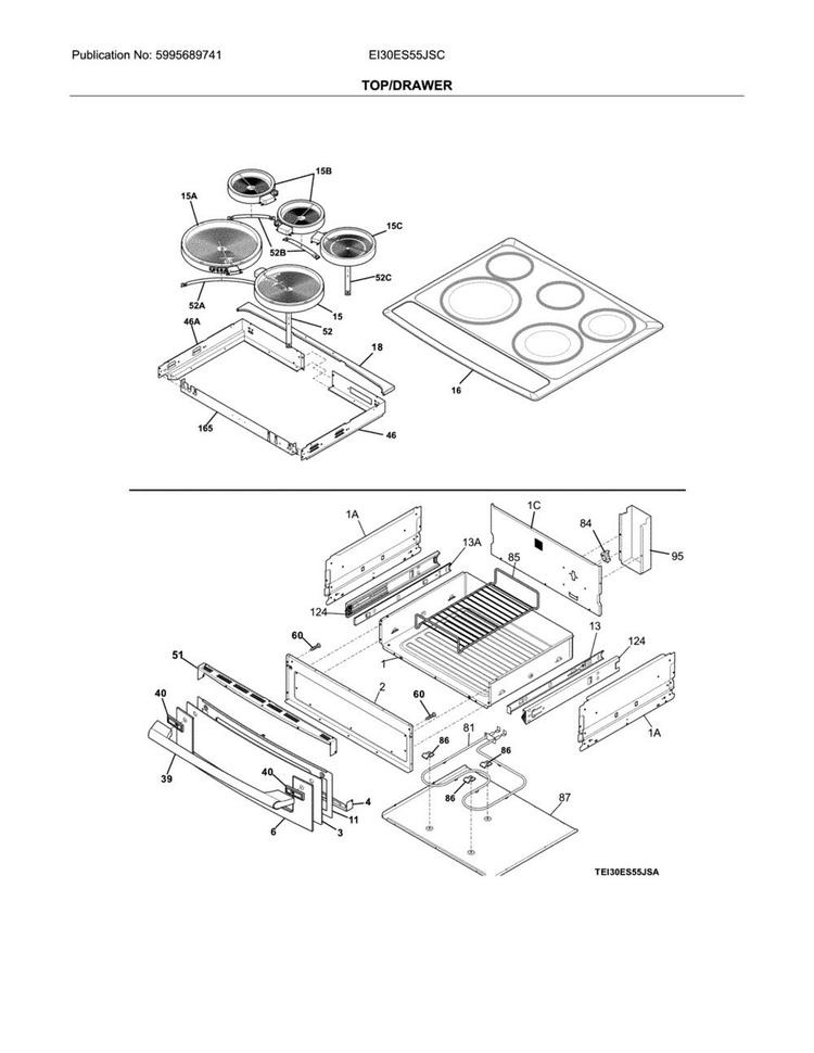 Top/drawer Diagram and Parts List for EI30ES55JSC  Electrolux Range