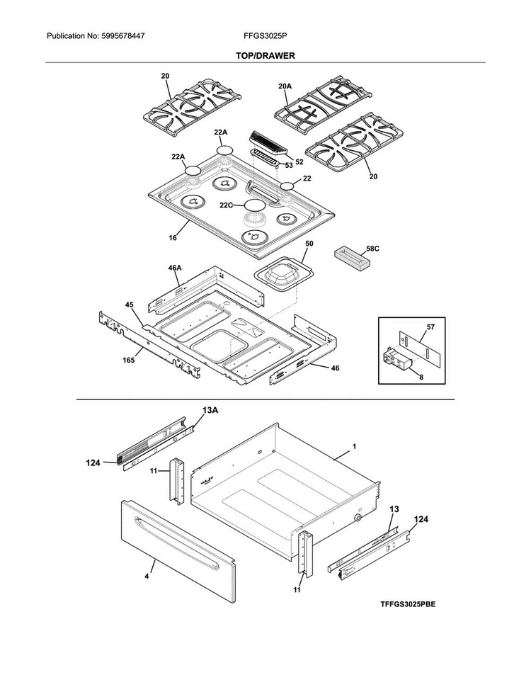 Top/drawer Diagram and Parts List for FFGS3025PBG  Frigidaire Range