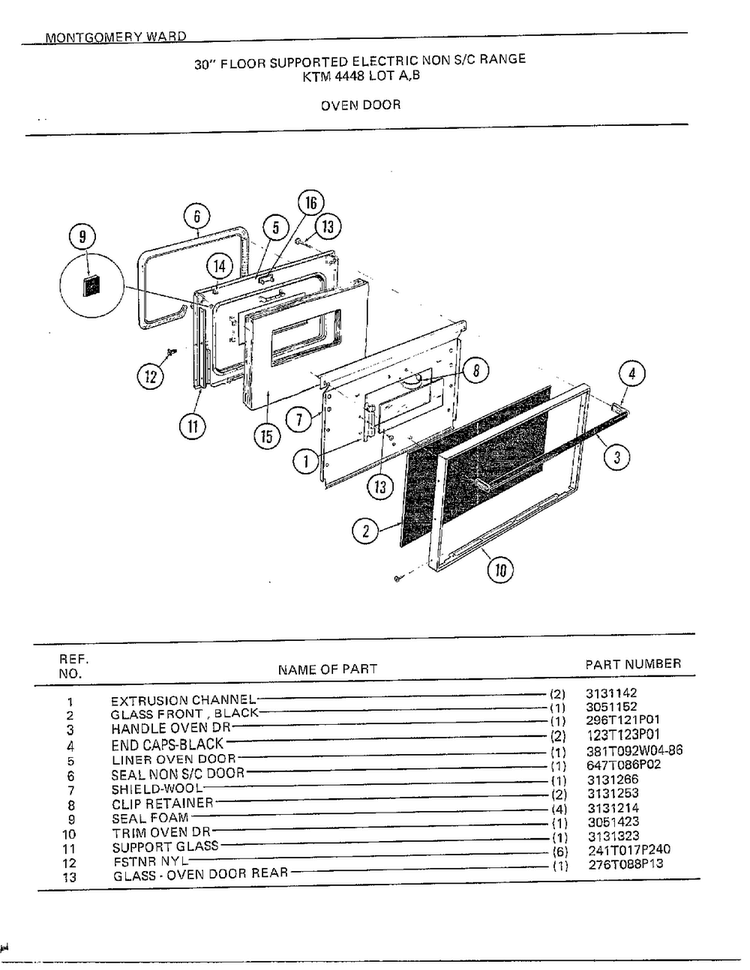 30" Floor/oven Door Diagram and Parts List for 4448B  Frigidaire Range
