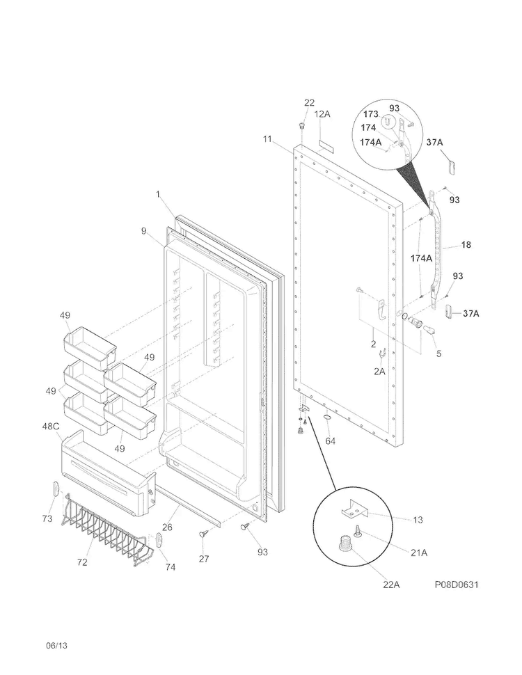 Door Diagram and Parts List for 25328042808  Kenmore Freezer